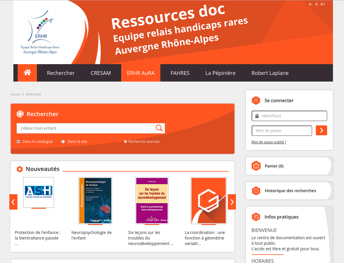 La page de recherche du centre de ressources doc de l'ERHR Auvergne Rhône-Alpes