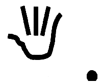 Dessin en noir et blanc d'une main ouverte. En bas à droite de l'image, un point noir.